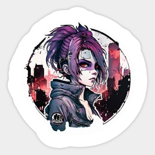 Cyber Punk Girl on Night City Background Sticker